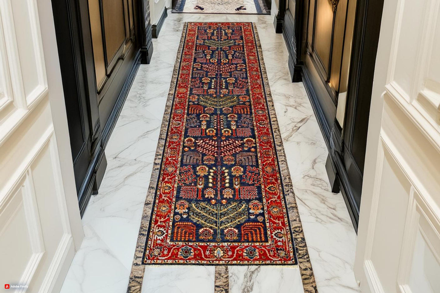 Handmade Blue and Red Runner Rug–Oriental Floral Hallway Runner,Artisan Handmade Runner Rug –Blue and Red Oriental Pattern,Floral Runner rug