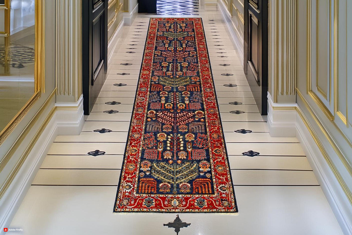 Handmade Blue and Red Runner Rug–Oriental Floral Hallway Runner,Artisan Handmade Runner Rug –Blue and Red Oriental Pattern,Floral Runner rug