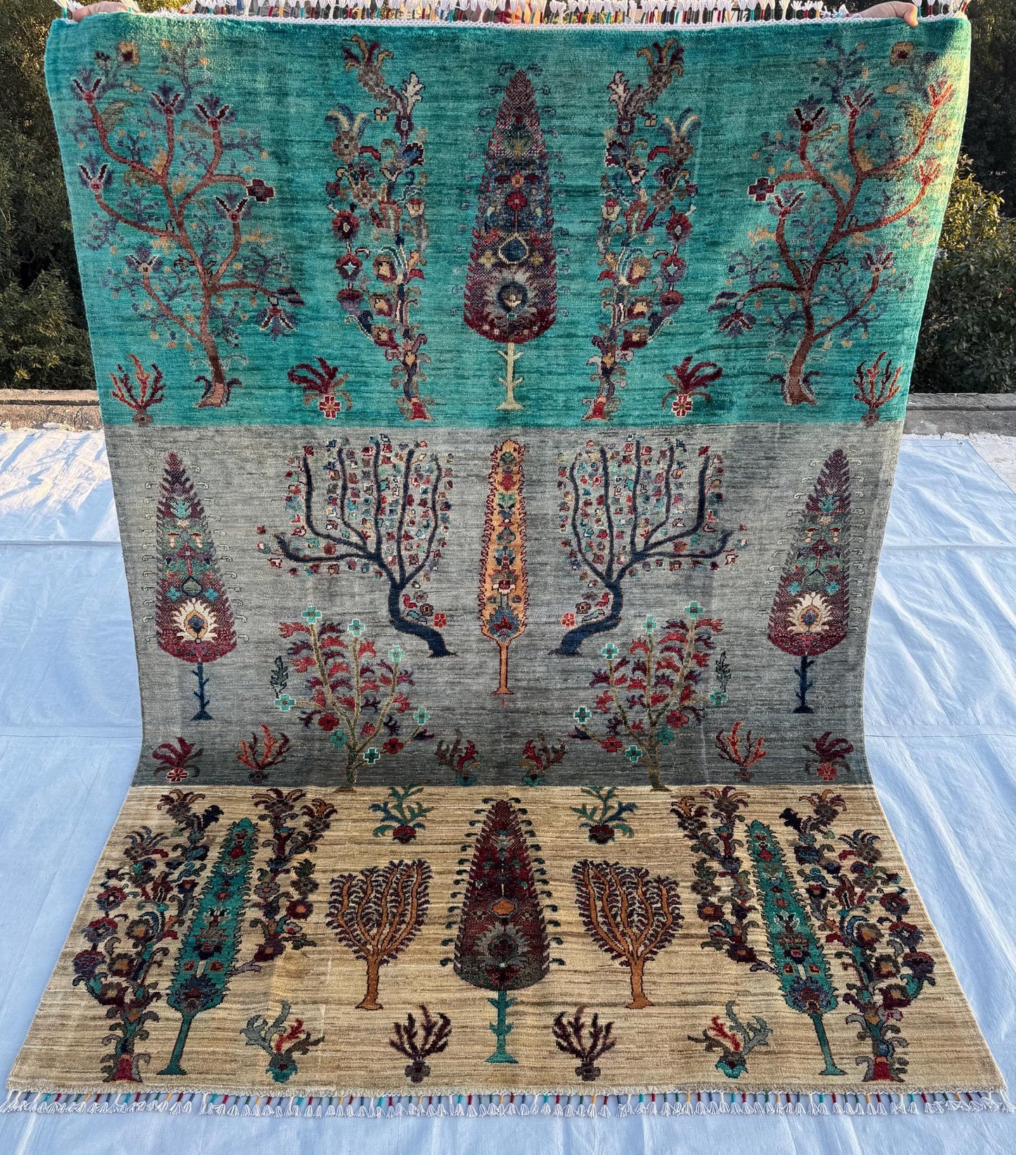 Tree of Life Design Rug,Handmade Multicolor Turkish Rug,Handmade Green,Beige,and Gray Area Carpet Rug with Floral and Nature-Inspired Motifs