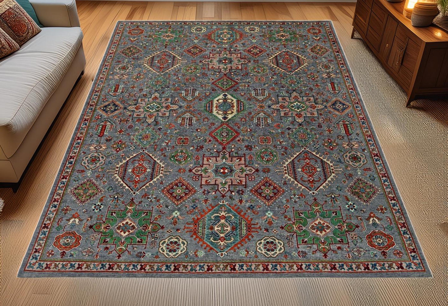 8x10 Gray Blue Turkish Handmade Rug,Bohemian Turkish Rug-Unique Blue and Multicolor Handwoven Carpet,One-of-a-Kind Turkish Rug.