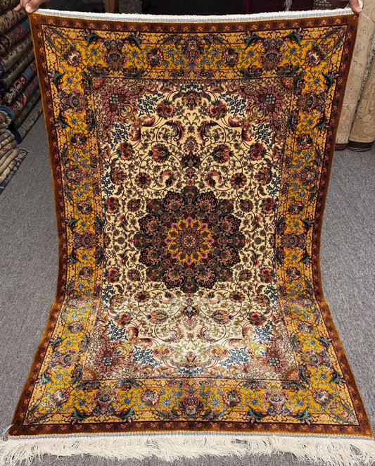 Exquisite Oriental Silk Rug-Yellow Border and Medallion Pattern,Vintage Style Silk Rug,Luxurious Oriental Design for Living Room Decor