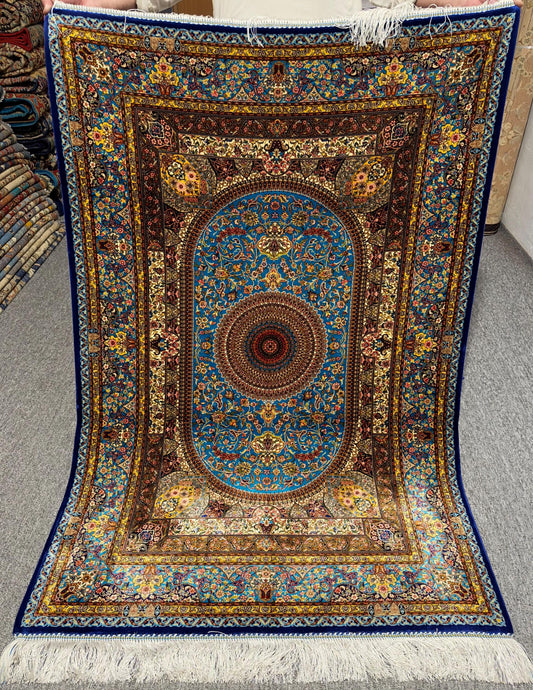 Blue Persian Silk Rug,Artisan Silk Rug – Traditional Persian-Inspired Design with Rich Colors,Exquisite Oriental Silk Rug,Vintage Silk Rug.