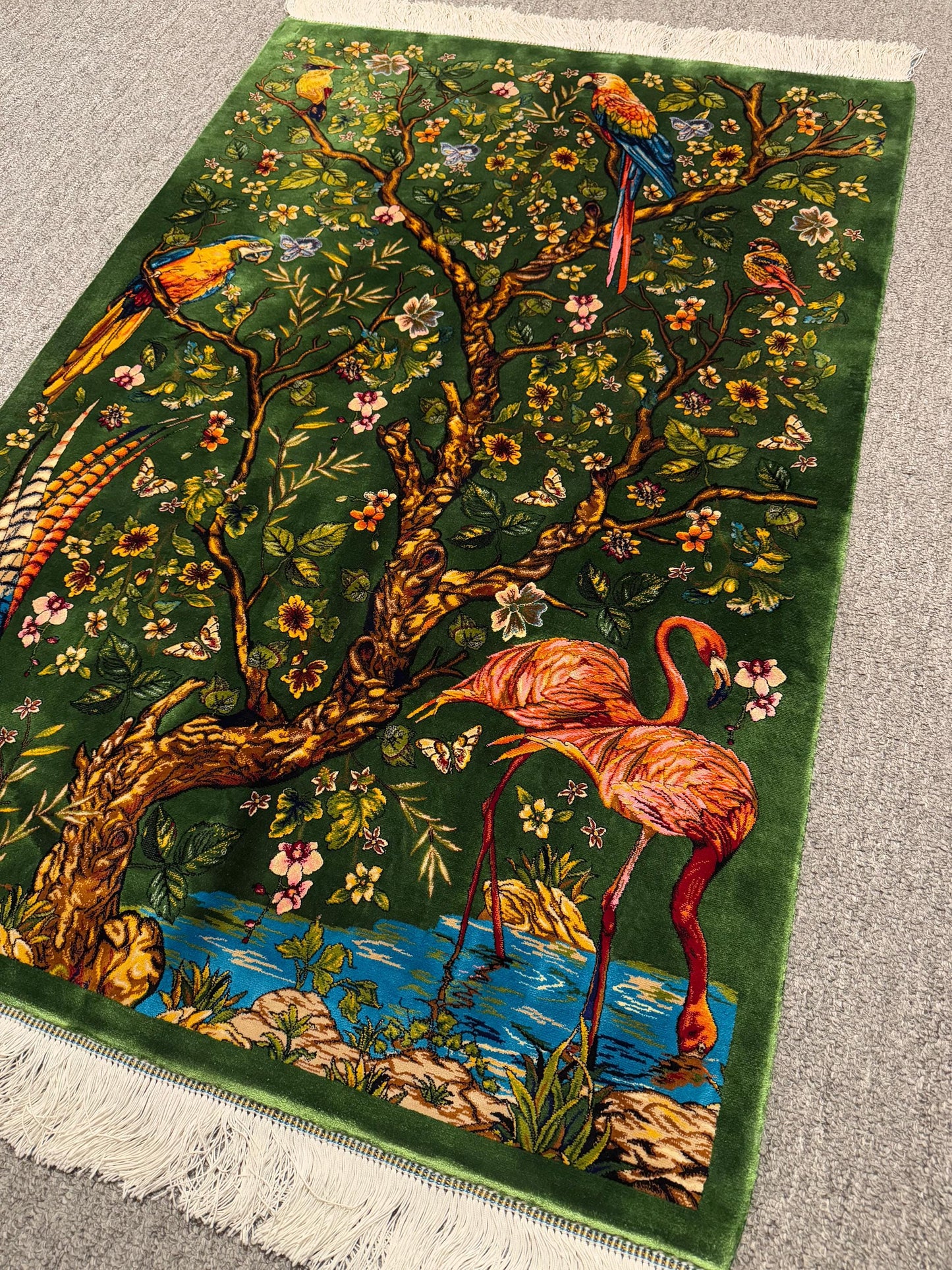 Luxury Silk Wall Rug,Unique Wall Hanging Silk Rug,Handwoven Silk Wall Art,Tropical Paradise Design with Birds and Flamingos,Artisan Silk Rug