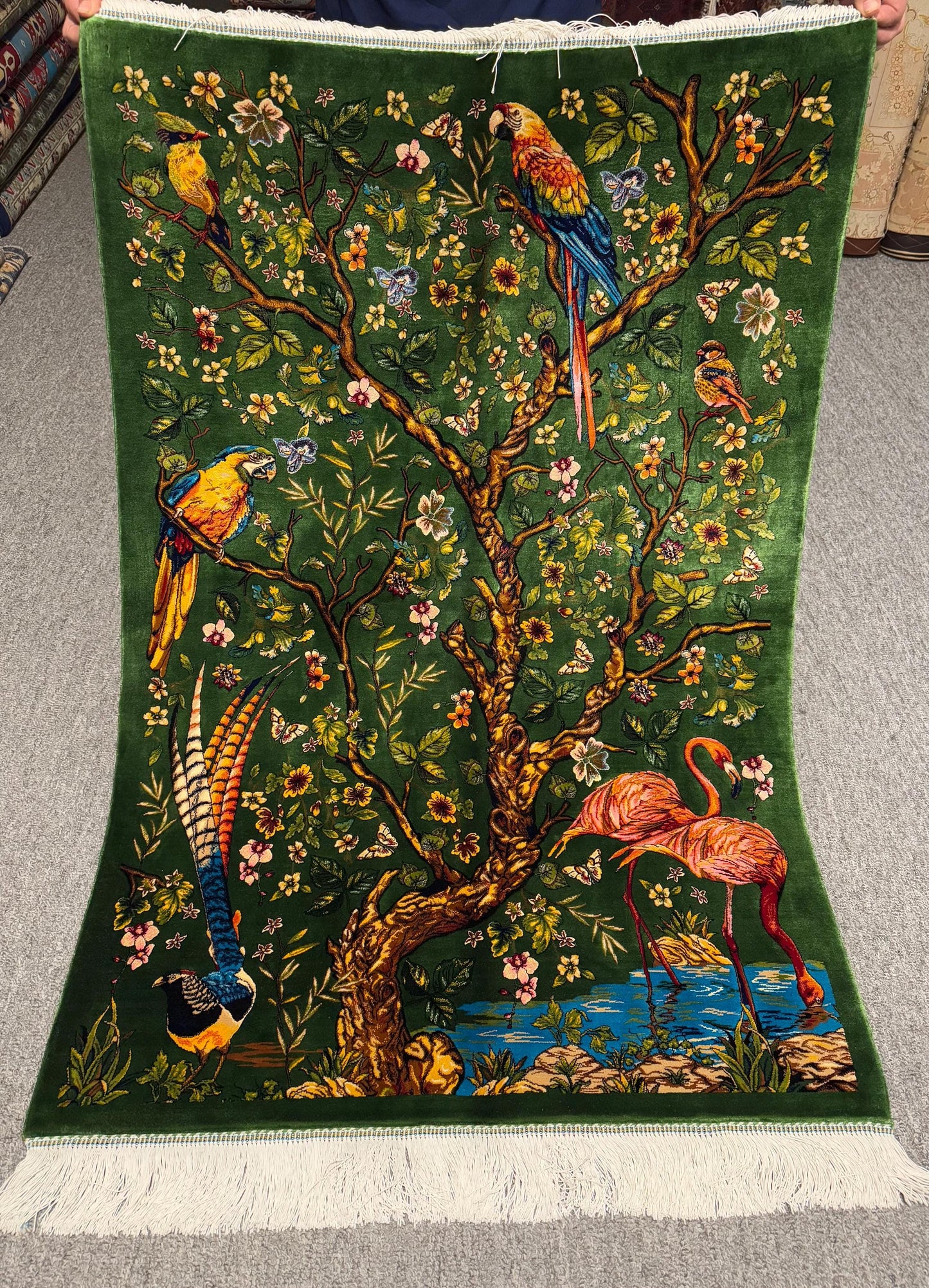 Luxury Silk Wall Rug,Unique Wall Hanging Silk Rug,Handwoven Silk Wall Art,Tropical Paradise Design with Birds and Flamingos,Artisan Silk Rug