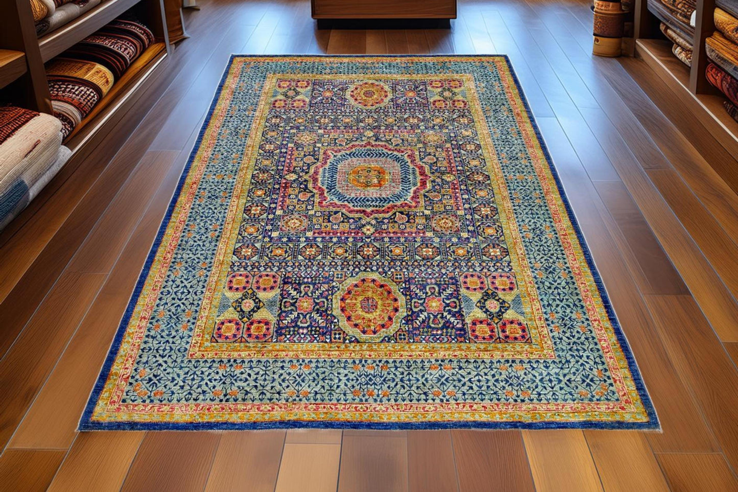 Luxury 5x8 Handmade Mamluk Rug–Vibrant Design for Living Rooms,Handmade 5x8 Living room rug– Traditional Blue and Navy,Gold Oriental Carpet.