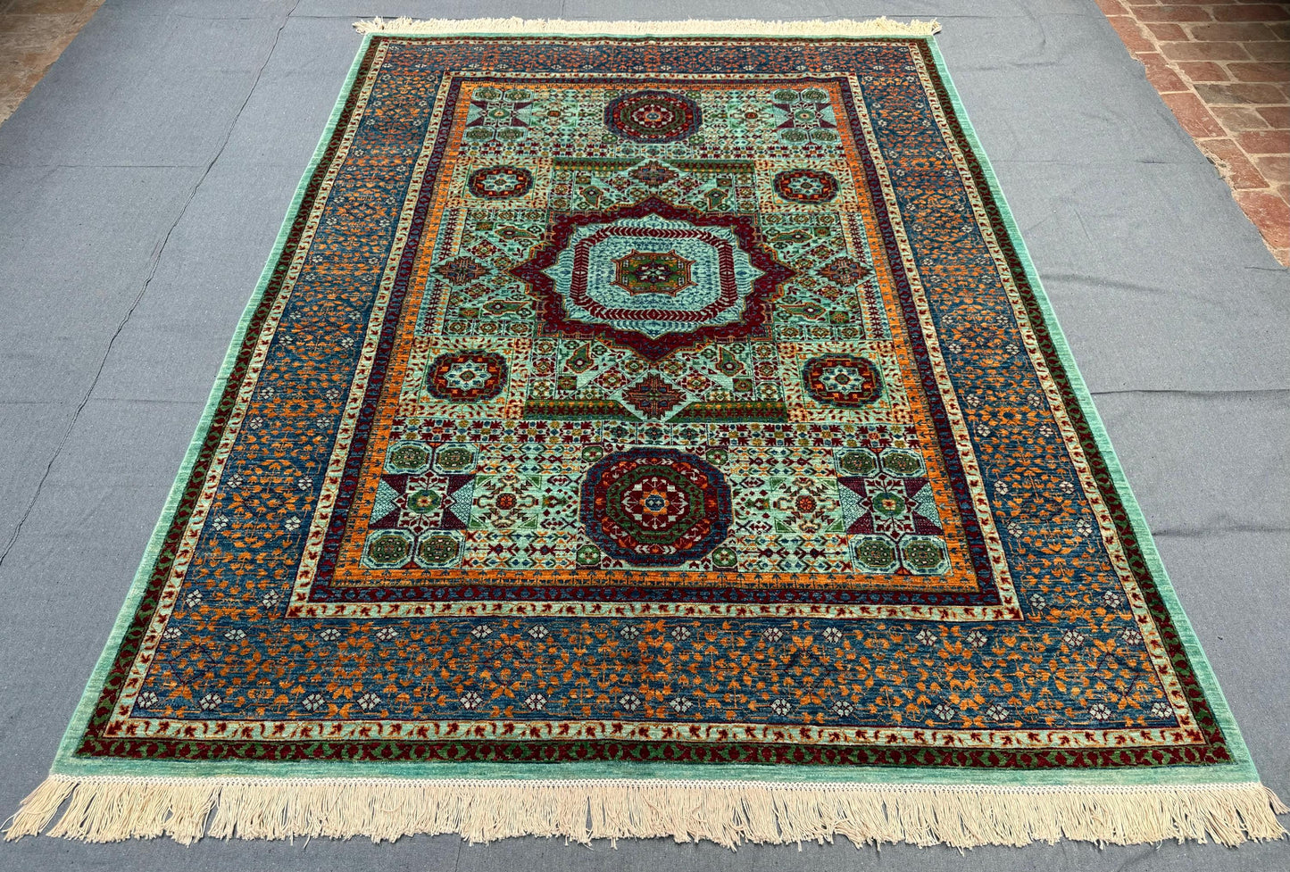 Handmade Mamluk Green,Turquoise,Red Oriental Rug,Luxury Mamluk Oriental Rug-Rug with Intricate Geometric Motifs,Large Handmade Mamluk Rug