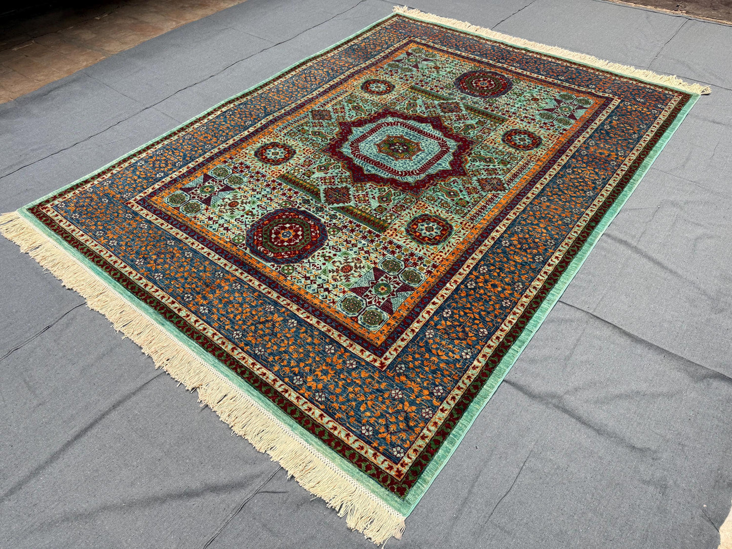 Handmade Mamluk Green,Turquoise,Red Oriental Rug,Luxury Mamluk Oriental Rug-Rug with Intricate Geometric Motifs,Large Handmade Mamluk Rug