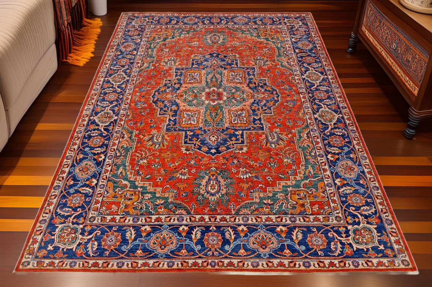 Traditional Handmade 7x9 Oriental Rug–Luxury Area Carpet,Elegant 7x9 Handmade Oriental Rug–Red and Blue Living Room Carpet,living room rug