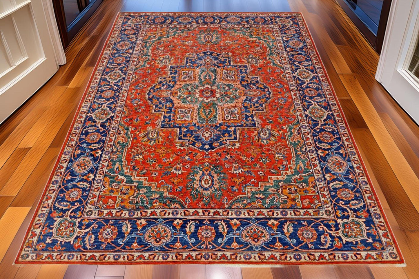 Traditional Handmade 7x9 Oriental Rug–Luxury Area Carpet,Elegant 7x9 Handmade Oriental Rug–Red and Blue Living Room Carpet,living room rug