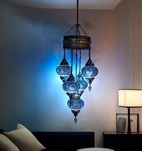 Turkish Blue Pendant Lamp,Turkish Ceiling Lighting,Turkish Customize Pendant Lamp,5 Globe Mosaic Hanging Lamp,Chandeliers,Vintage lights,