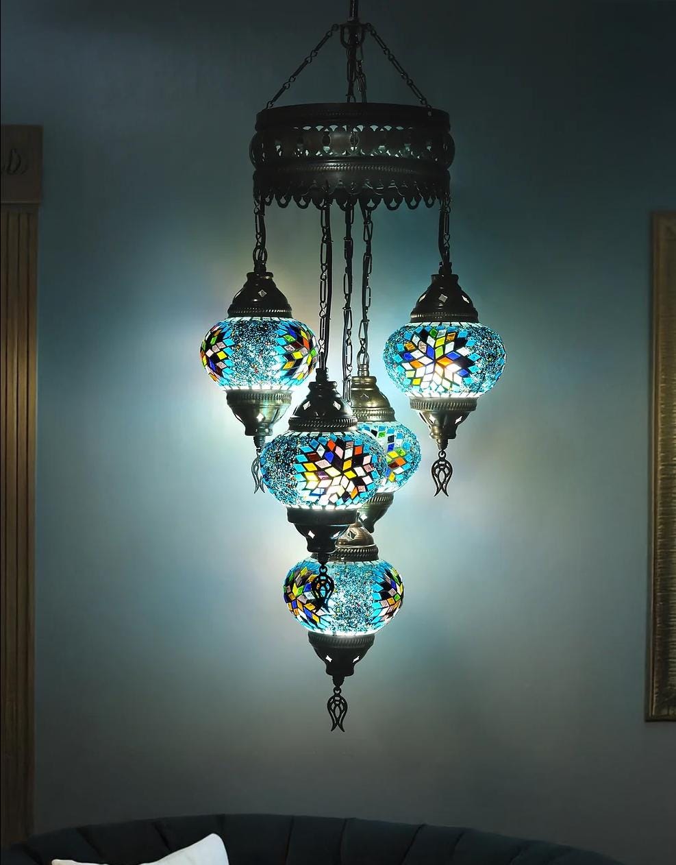 Turkish Mosaic Chandelier,Moroccan Style Blue turquoise Mosaic Lamp,Handmade Turkish Mosaic Pendant Lamp,Colorful Mosaic Ceiling Light.