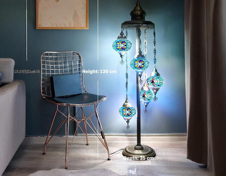 Turkish Mosaic Floor Lamp,Blue Turquoise Mosaic Glass Floor Lamp,5 Globe Turkish floor table lamp,Handmade Moroccan Style Floor Lamp.