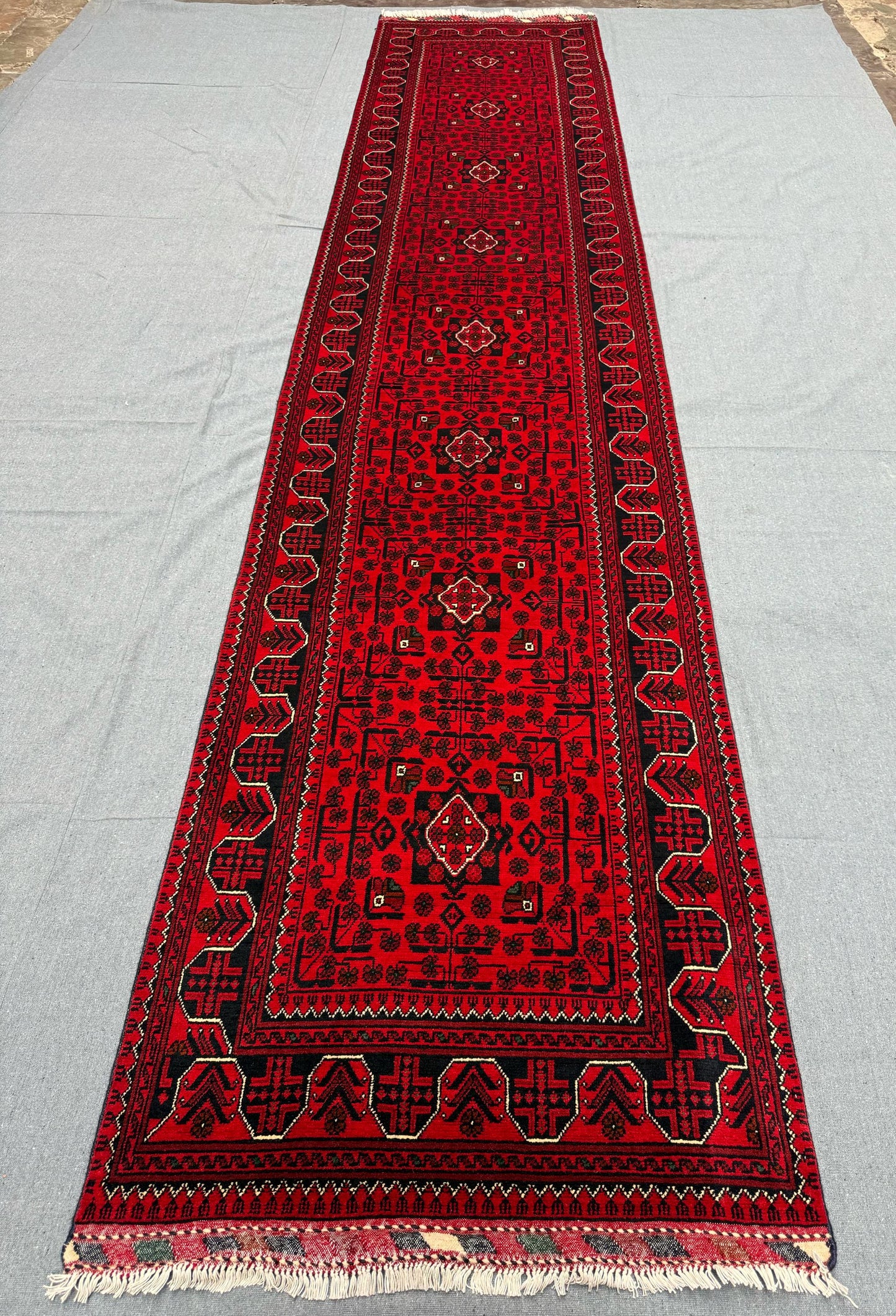 Turkish Afghan Red Runner Rug–3x13 Handmade Oriental Carpet,Hand-Knotted Red Runner–Long 3x13 Wool Rug for Hallways,Bohemian Red Runner Rug