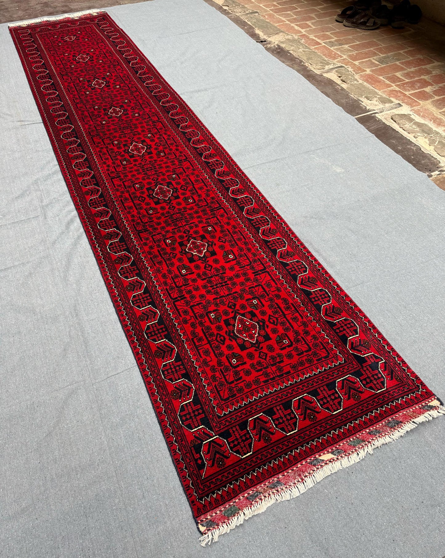 Turkish Afghan Red Runner Rug–3x13 Handmade Oriental Carpet,Hand-Knotted Red Runner–Long 3x13 Wool Rug for Hallways,Bohemian Red Runner Rug