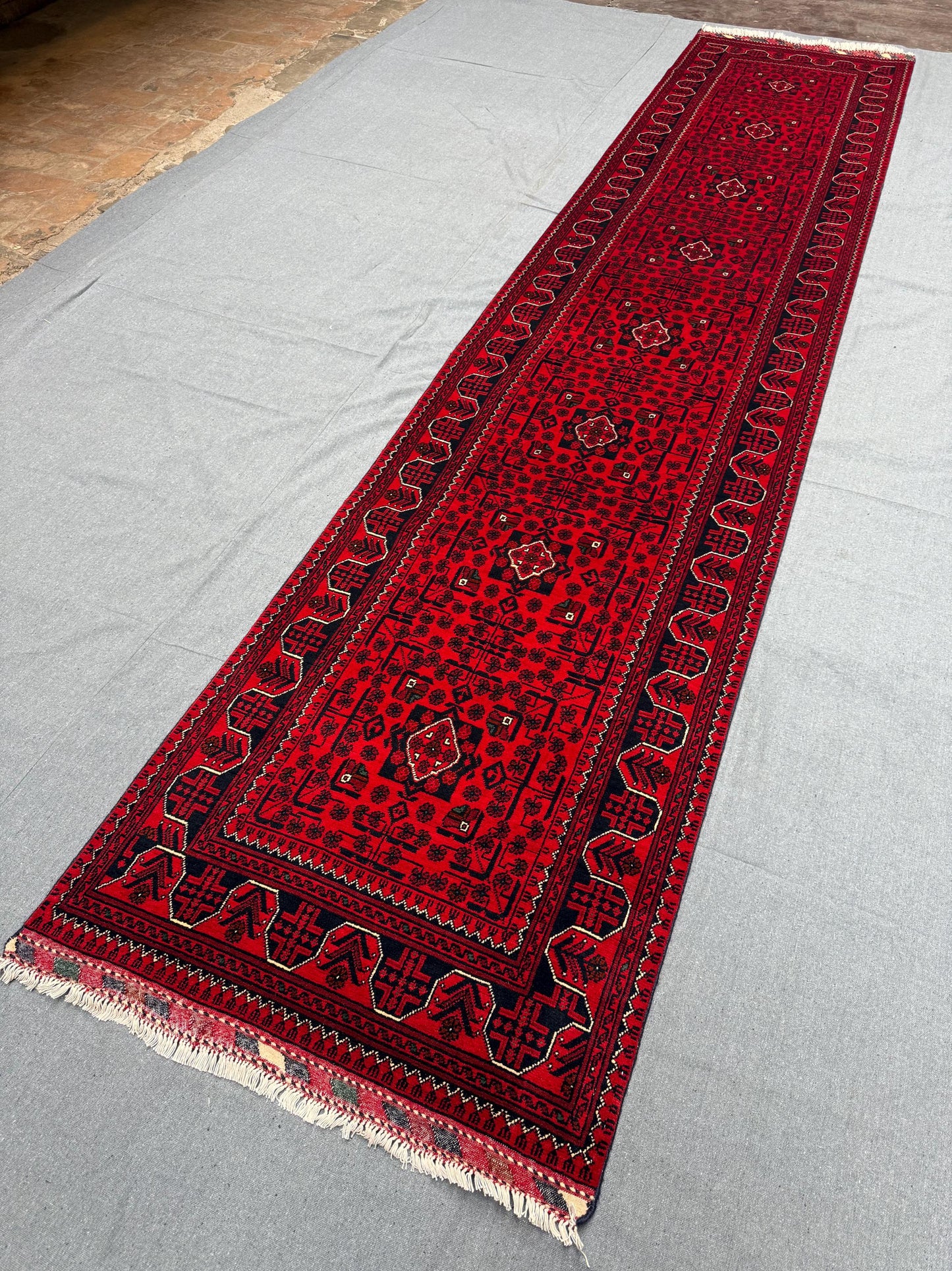 Turkish Afghan Red Runner Rug–3x13 Handmade Oriental Carpet,Hand-Knotted Red Runner–Long 3x13 Wool Rug for Hallways,Bohemian Red Runner Rug