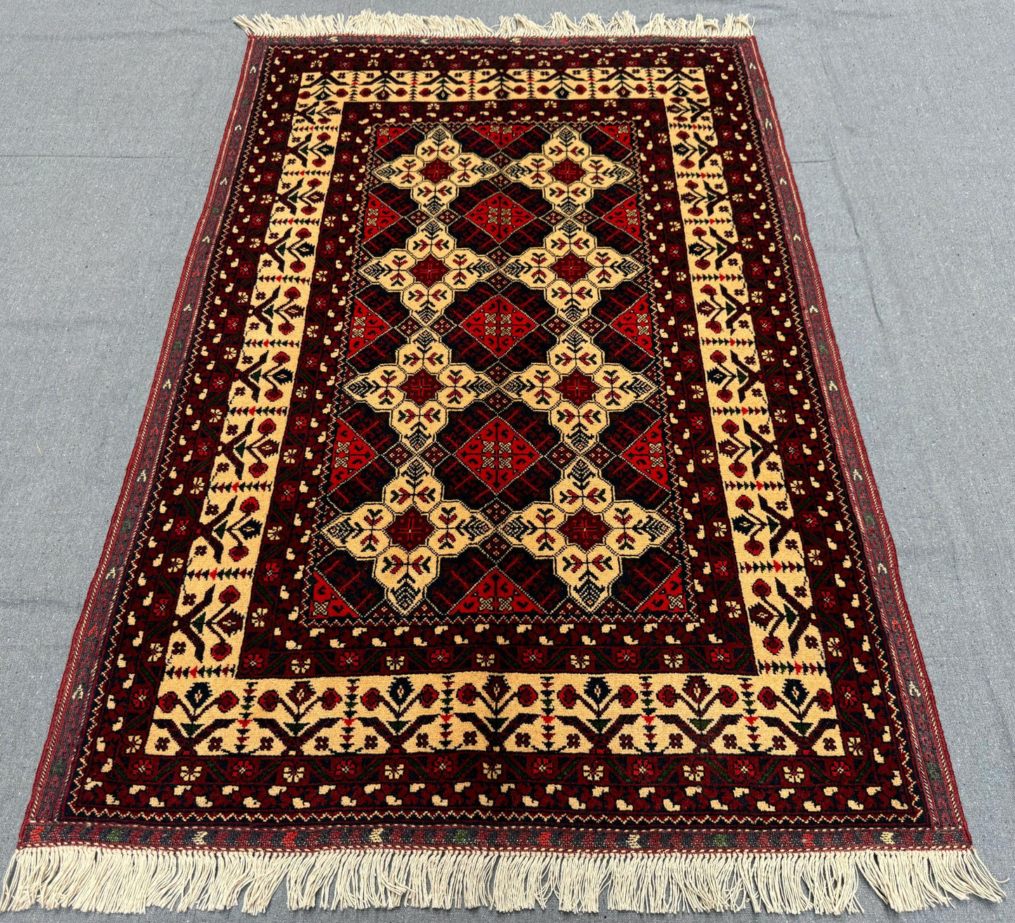 Handmade Red and Cream Tribal Rug – 3x4 Wool Afghan Carpet,Small handmade rug for gift,Authentic Afghan Wool Rug,Handwoven Tribal Rug.