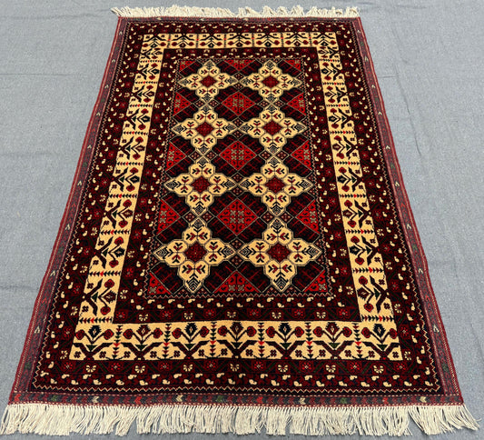 Handmade Red and Cream Tribal Rug – 3x4 Wool Afghan Carpet,Small handmade rug for gift,Authentic Afghan Wool Rug,Handwoven Tribal Rug.