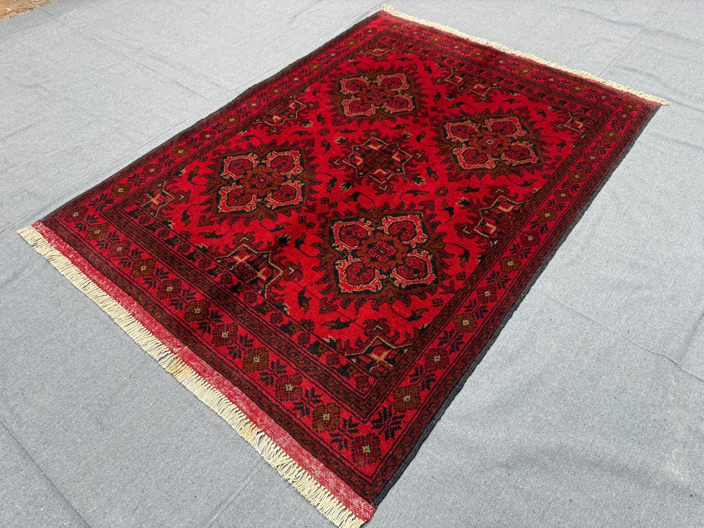 Authentic Afghan Wool Rug – 3x4 Hand-Knotted Tribal Carpet,Rustic Red Wool Rug,Red and black wool rug,3x4 Small living room rug,Bedroom rug