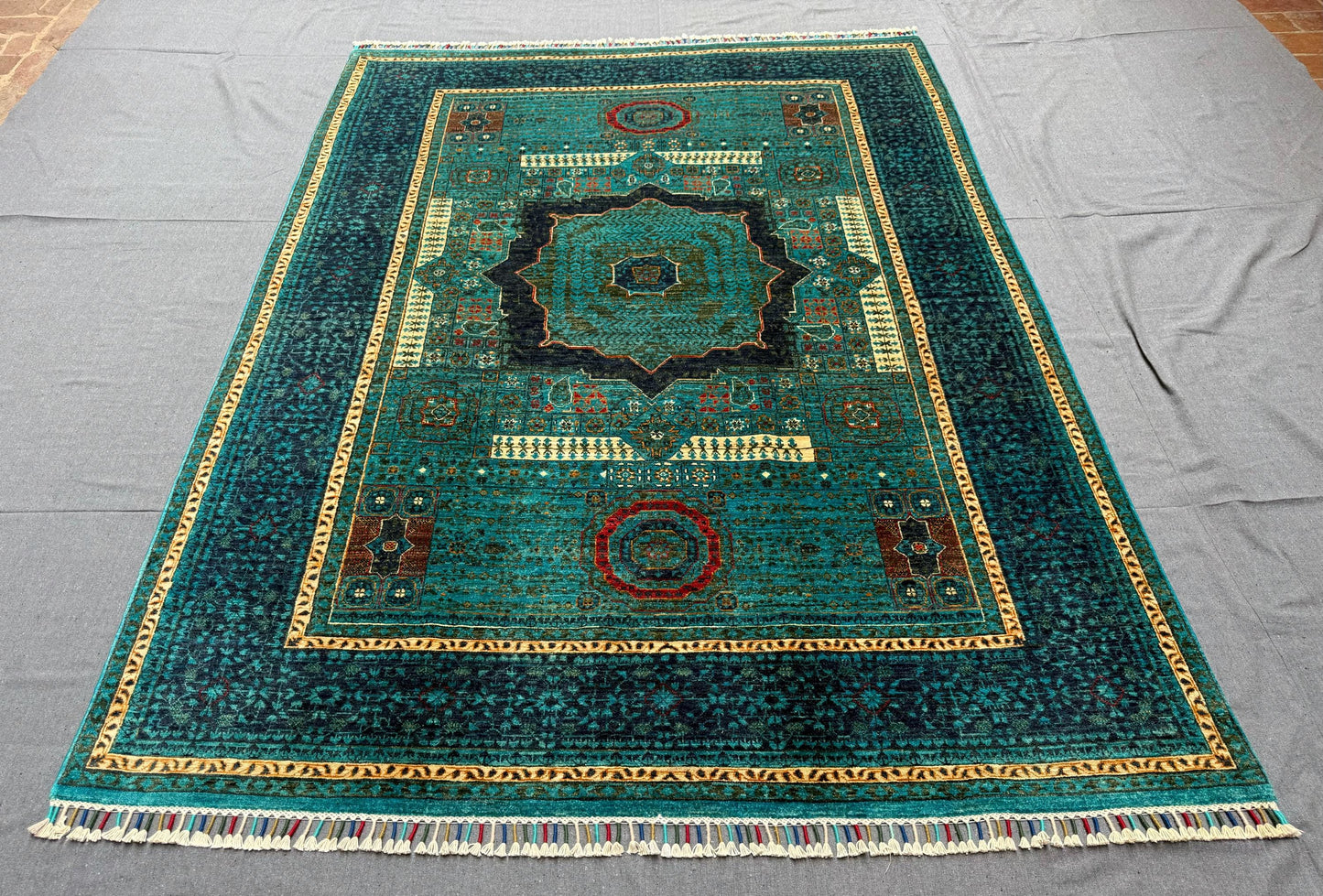 6x7 Teal Green Gold Wool Rug with Geometric Design,Turkish Artisan made one of kind mamluk rug,Turkish Oriental rug,Afghan oriental rug.