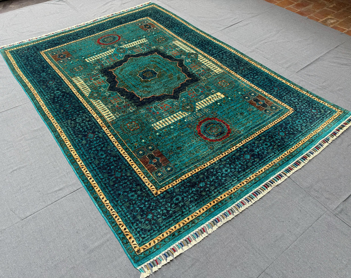 6x7 Teal Green Gold Wool Rug with Geometric Design,Turkish Artisan made one of kind mamluk rug,Turkish Oriental rug,Afghan oriental rug.