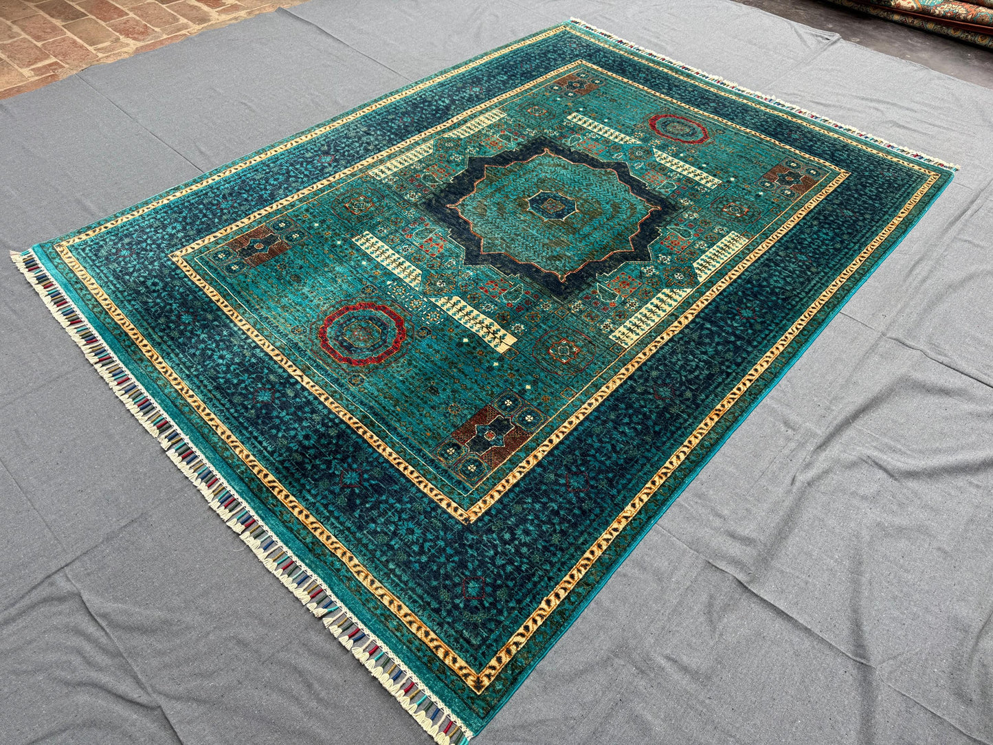 6x7 Teal Green Gold Wool Rug with Geometric Design,Turkish Artisan made one of kind mamluk rug,Turkish Oriental rug,Afghan oriental rug.