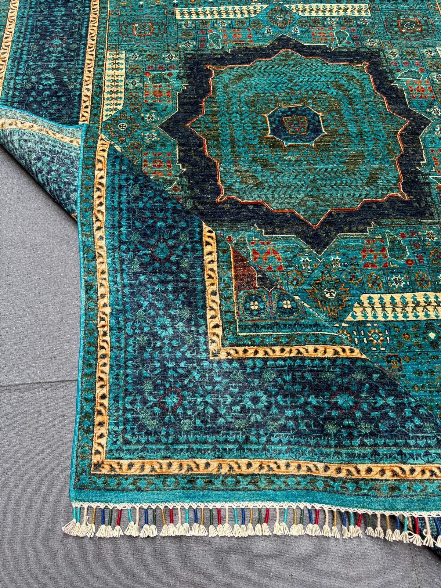 6x7 Teal Green Gold Wool Rug with Geometric Design,Turkish Artisan made one of kind mamluk rug,Turkish Oriental rug,Afghan oriental rug.