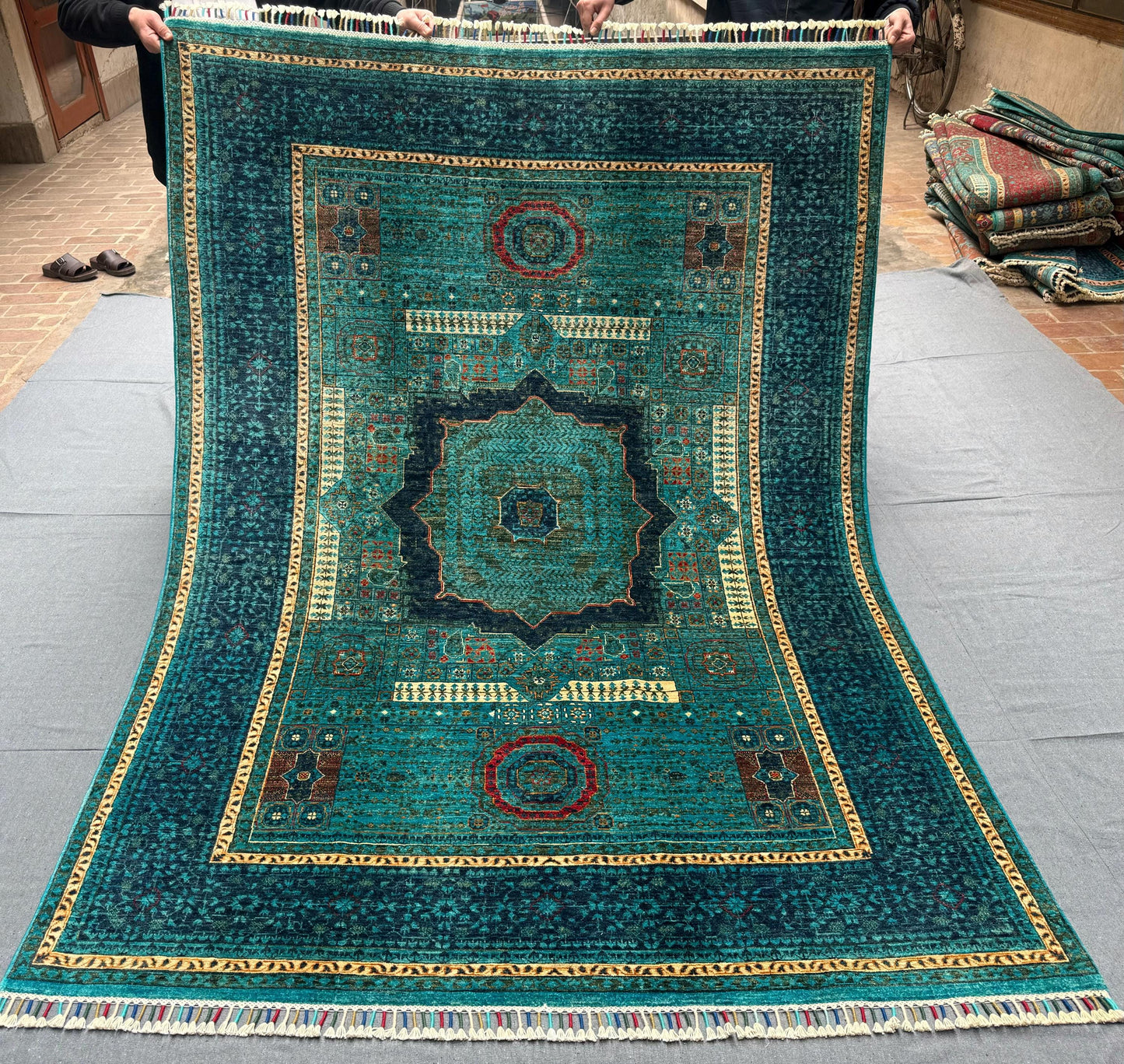 6x7 Teal Green Gold Wool Rug with Geometric Design,Turkish Artisan made one of kind mamluk rug,Turkish Oriental rug,Afghan oriental rug.