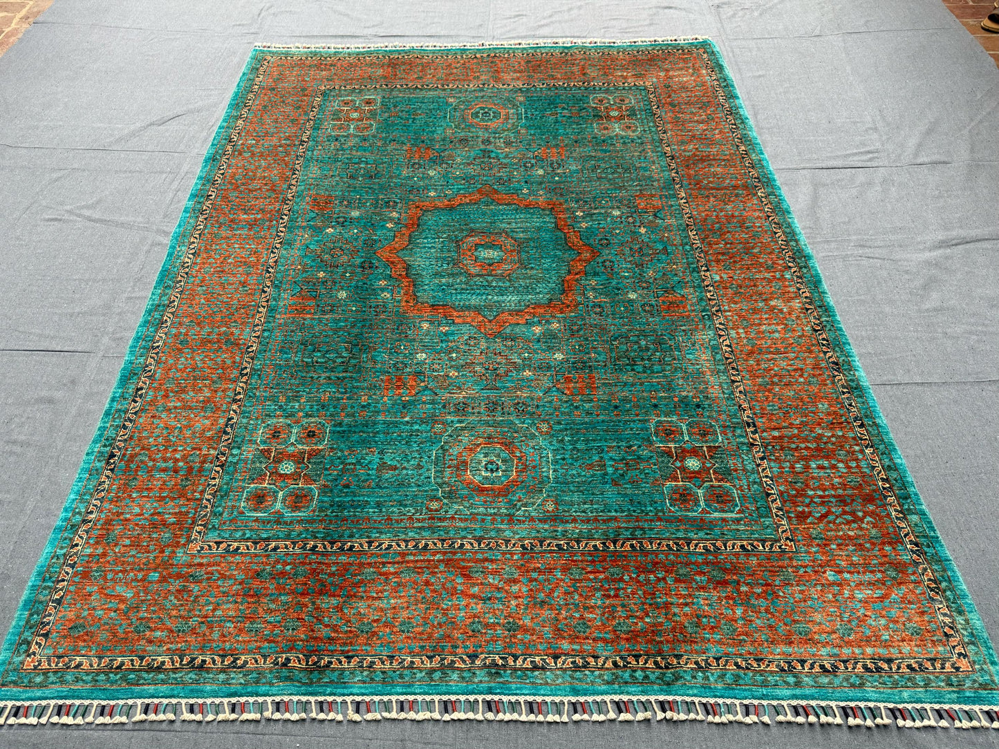 Handmade Mamluk 6x8 Oriental Rug,Luxury Oriental Modern Turkish Rug,One of kind living room rug,Green,Orange,Turquoise Large Bedroom rug.