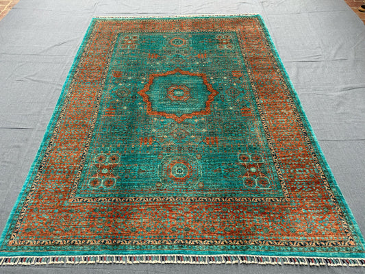 Handmade Mamluk 6x8 Oriental Rug,Luxury Oriental Modern Turkish Rug,One of kind living room rug,Green,Orange,Turquoise Large Bedroom rug.