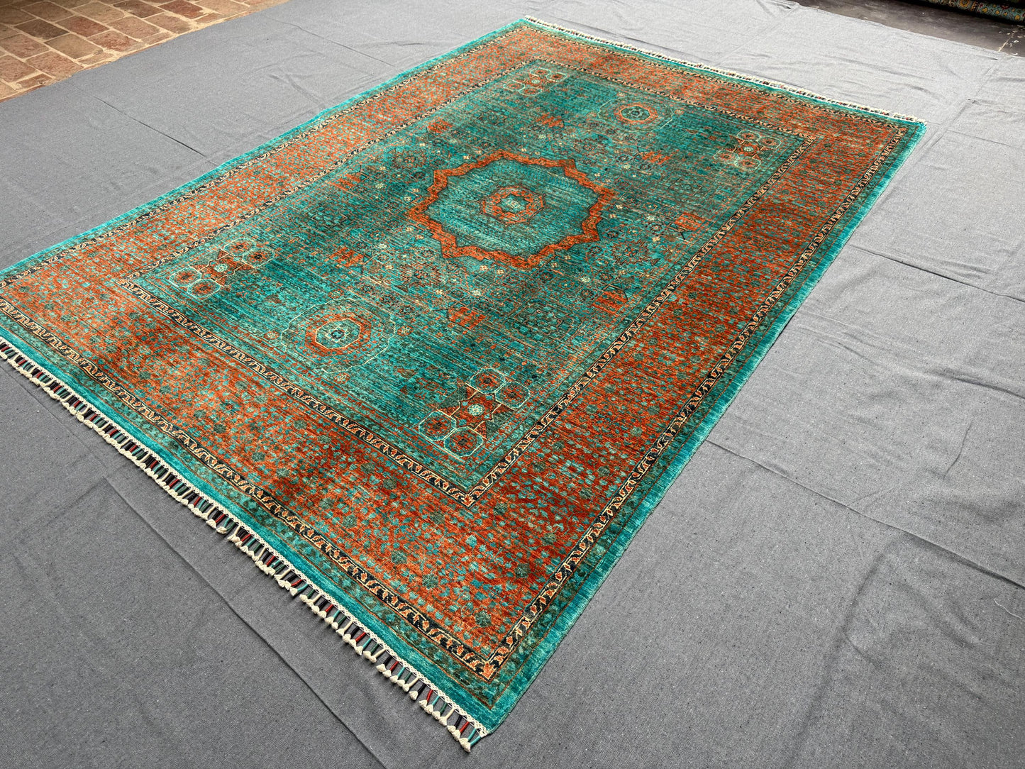 Handmade Mamluk 6x8 Oriental Rug,Luxury Oriental Modern Turkish Rug,One of kind living room rug,Green,Orange,Turquoise Large Bedroom rug.