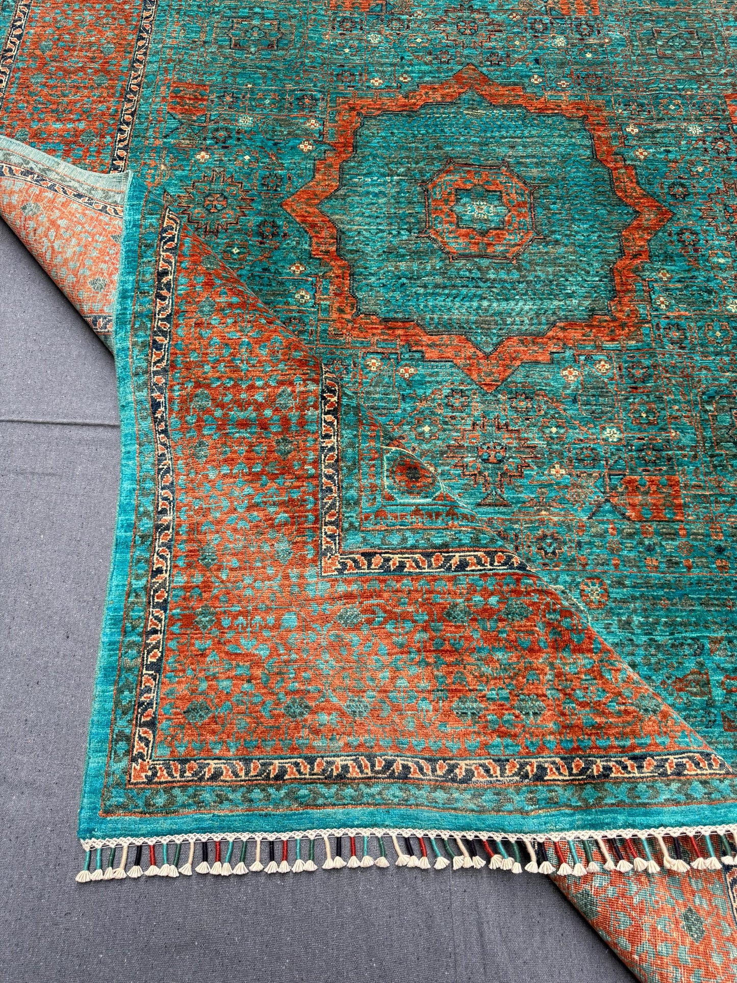 Handmade Mamluk 6x8 Oriental Rug,Luxury Oriental Modern Turkish Rug,One of kind living room rug,Green,Orange,Turquoise Large Bedroom rug.