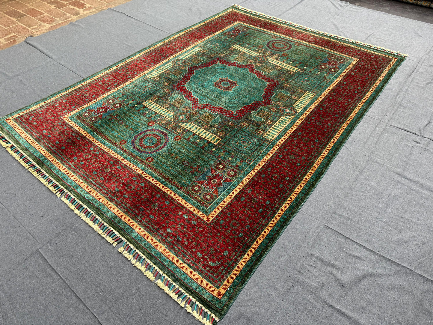 Handmade Modern Oriental Rug – Red and Teal Wool Carpet with Geometric Design,Luxury Mamluk Modern Oriental Rug,6x8 Rug for living room.