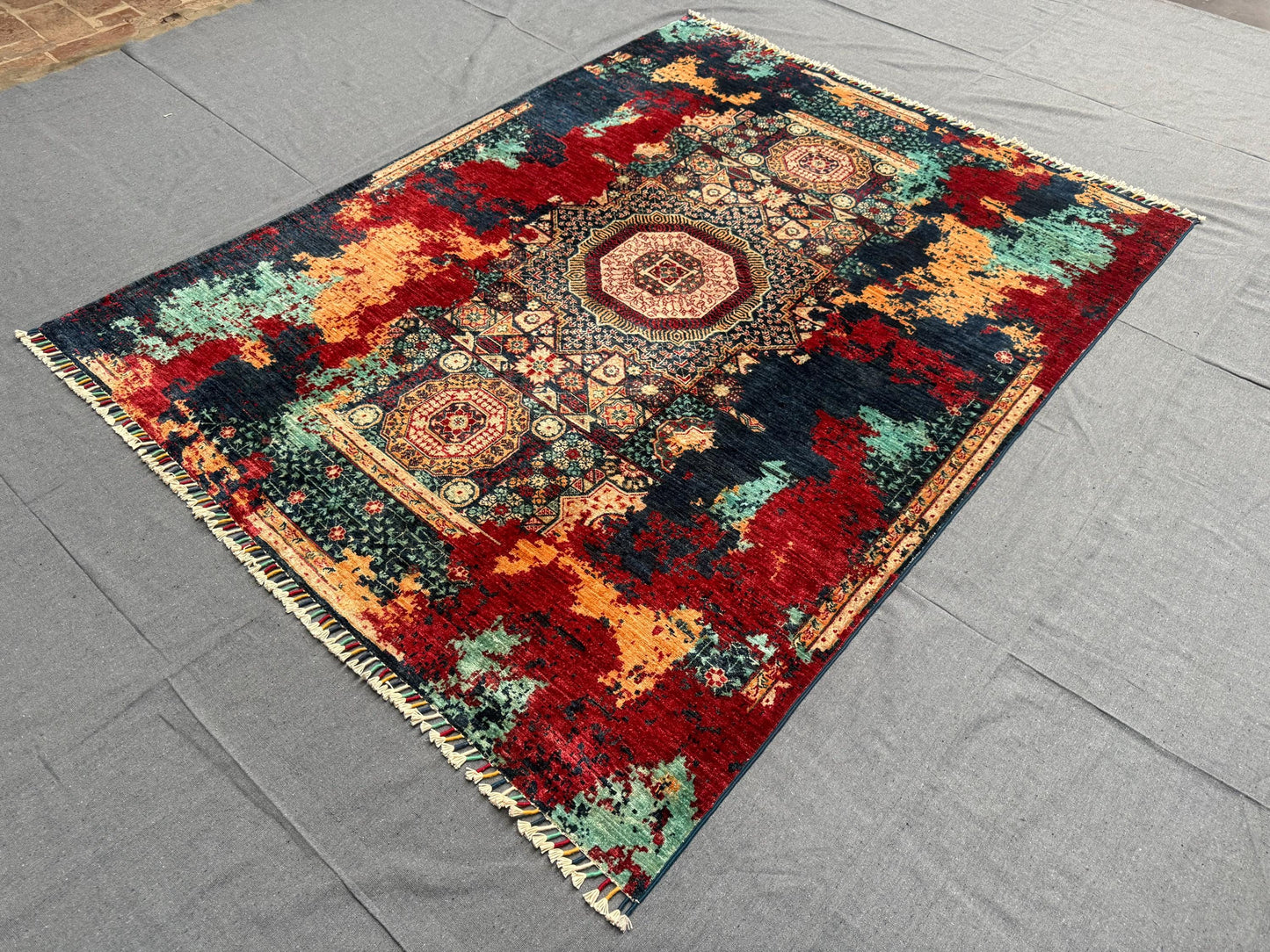 One of Kind Modern Handmade Oriental Wool and Silk Rug,Modern Abstract Oriental Carpet,Red, Teal, and Gold Wool Carpet,5x7 living room rug