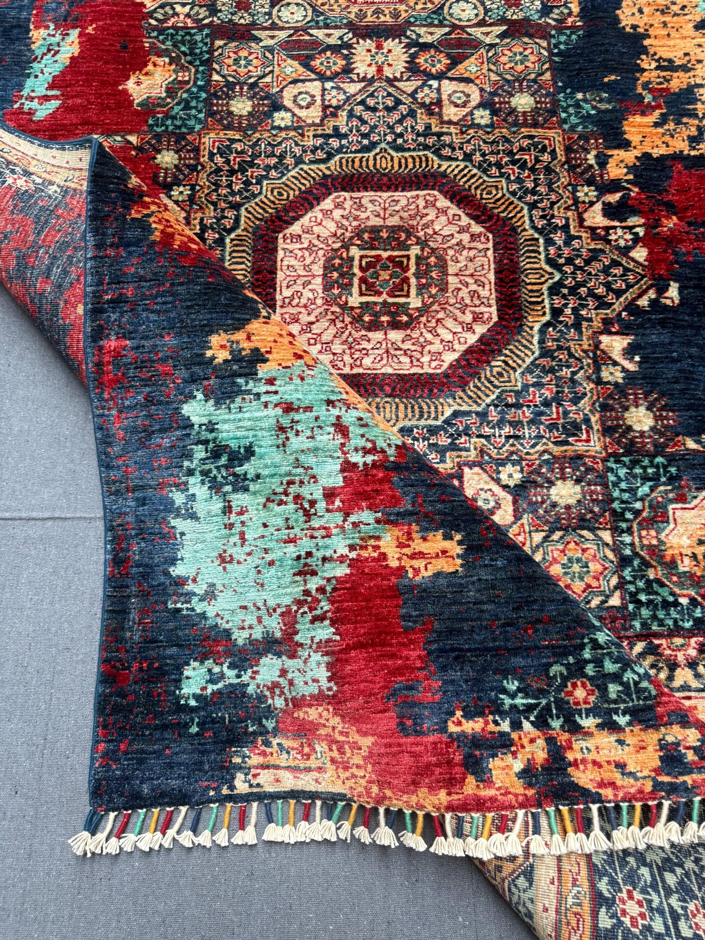 One of Kind Modern Handmade Oriental Wool and Silk Rug,Modern Abstract Oriental Carpet,Red, Teal, and Gold Wool Carpet,5x7 living room rug