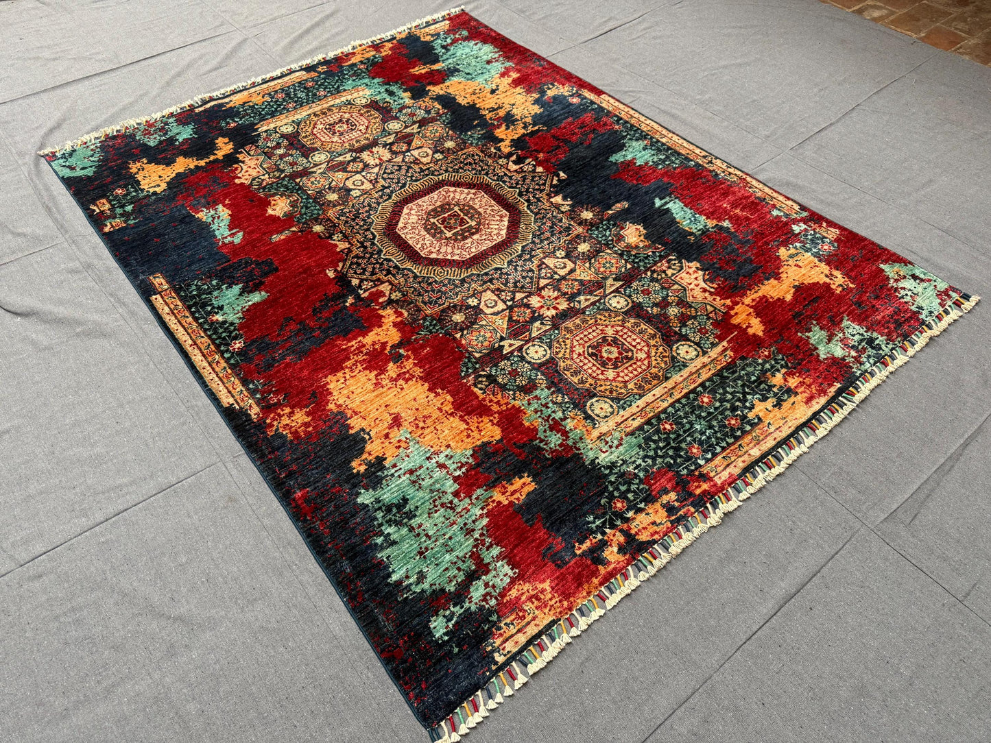 One of Kind Modern Handmade Oriental Wool and Silk Rug,Modern Abstract Oriental Carpet,Red, Teal, and Gold Wool Carpet,5x7 living room rug