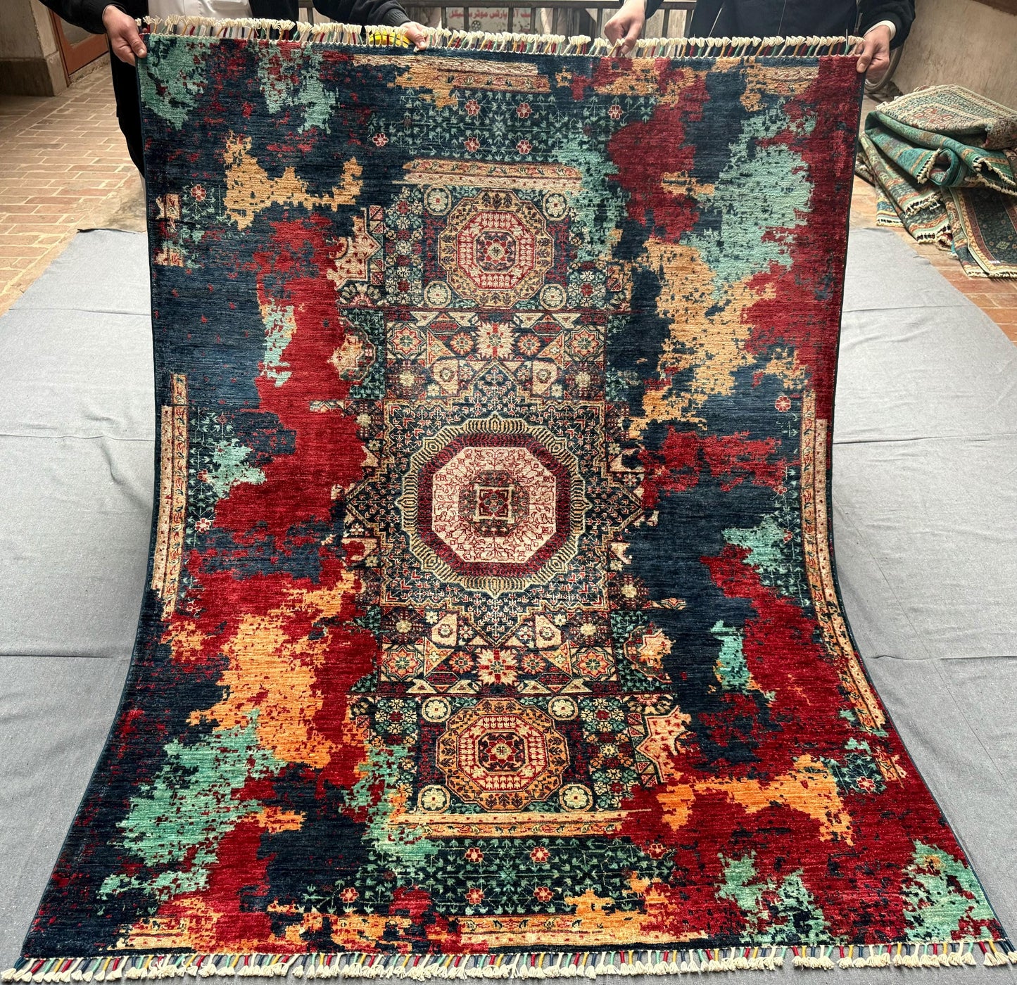 One of Kind Modern Handmade Oriental Wool and Silk Rug,Modern Abstract Oriental Carpet,Red, Teal, and Gold Wool Carpet,5x7 living room rug