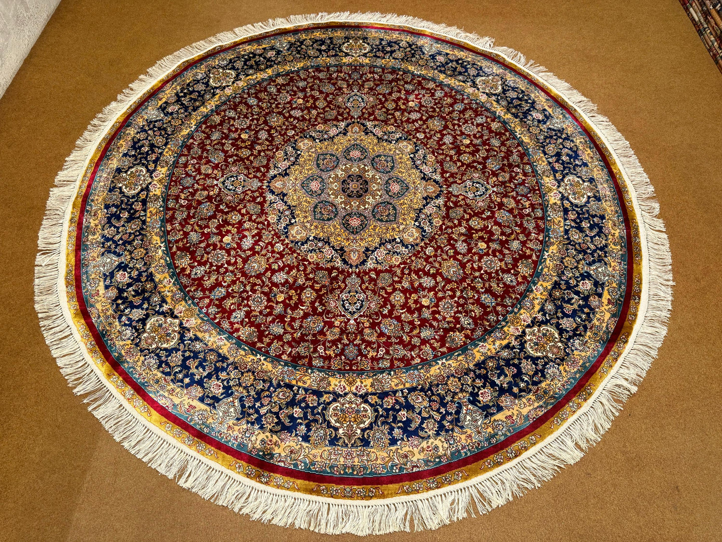 Round Handmade Real Silk Rug – Persian Medallion Design 6ft Diameter,Luxury Round Silk Carpet,Handwoven Round Silk Rug, Original Silk Rug.