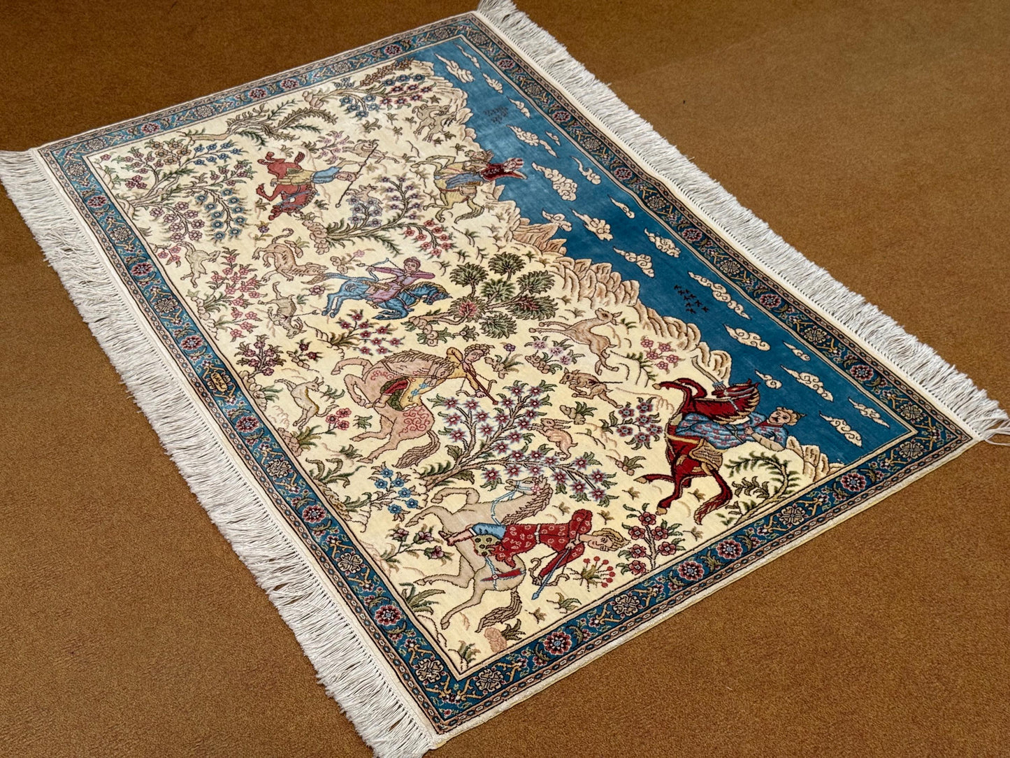 Luxurious Real Silk Handmade Rug with Hunting Scene,Elegant Persian Hunting Scene Rug,Silk Wall Hanging Rug,Decorative Real Silk Rug.