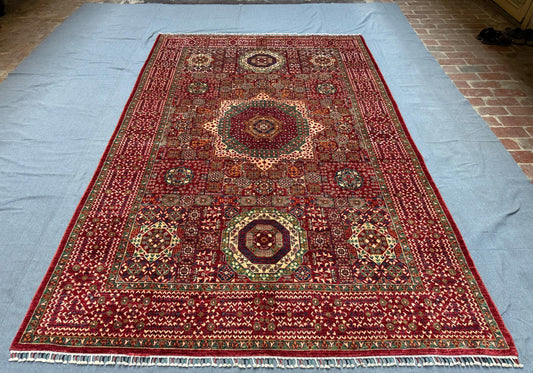 Handmade 7x10 Red Mamluk Rug -Luxurious Oriental Wool Carpet,Artisan  Red Turkish-Persian Rug,Deep Red Wool Area Carpet,7x10 living room rug