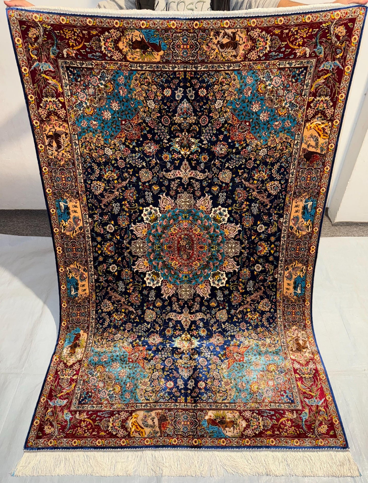 Authentic Silk Persian Rug | Intricate Floral Oriental Design | Luxury Area Carpet,Blue Floral Persian Rug,Intricate Floral Oriental Design.