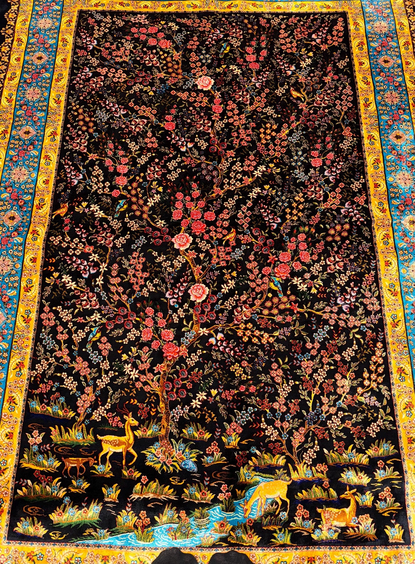 Persian Silk Rug |Black & Gold Floral Oriental Carpet,Floral Silk Persian Rug,Traditional Silk Persian Rug,One of kind silk rug,4x5 silk rug