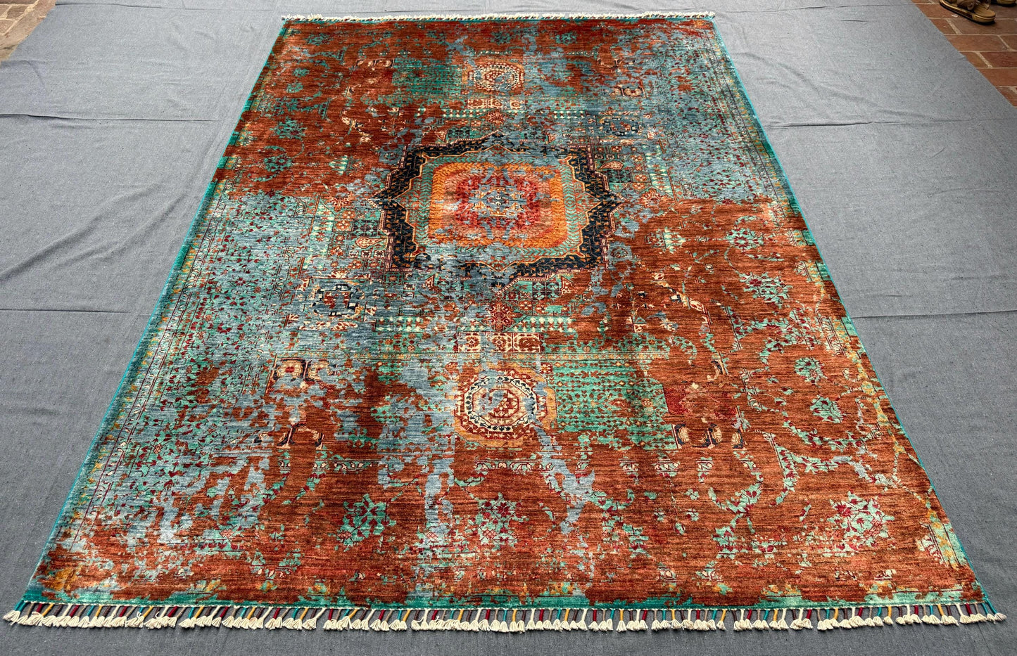 Handmade Wool and Silk Mamluk Rug,Colorful Multicolor Blue Orange Red Gray Rug– Handmade Mamluk Design Oriental Carpet,5x8 Living room rug.