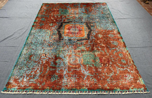 Handmade Wool and Silk Mamluk Rug,Colorful Multicolor Blue Orange Red Gray Rug– Handmade Mamluk Design Oriental Carpet,5x8 Living room rug.