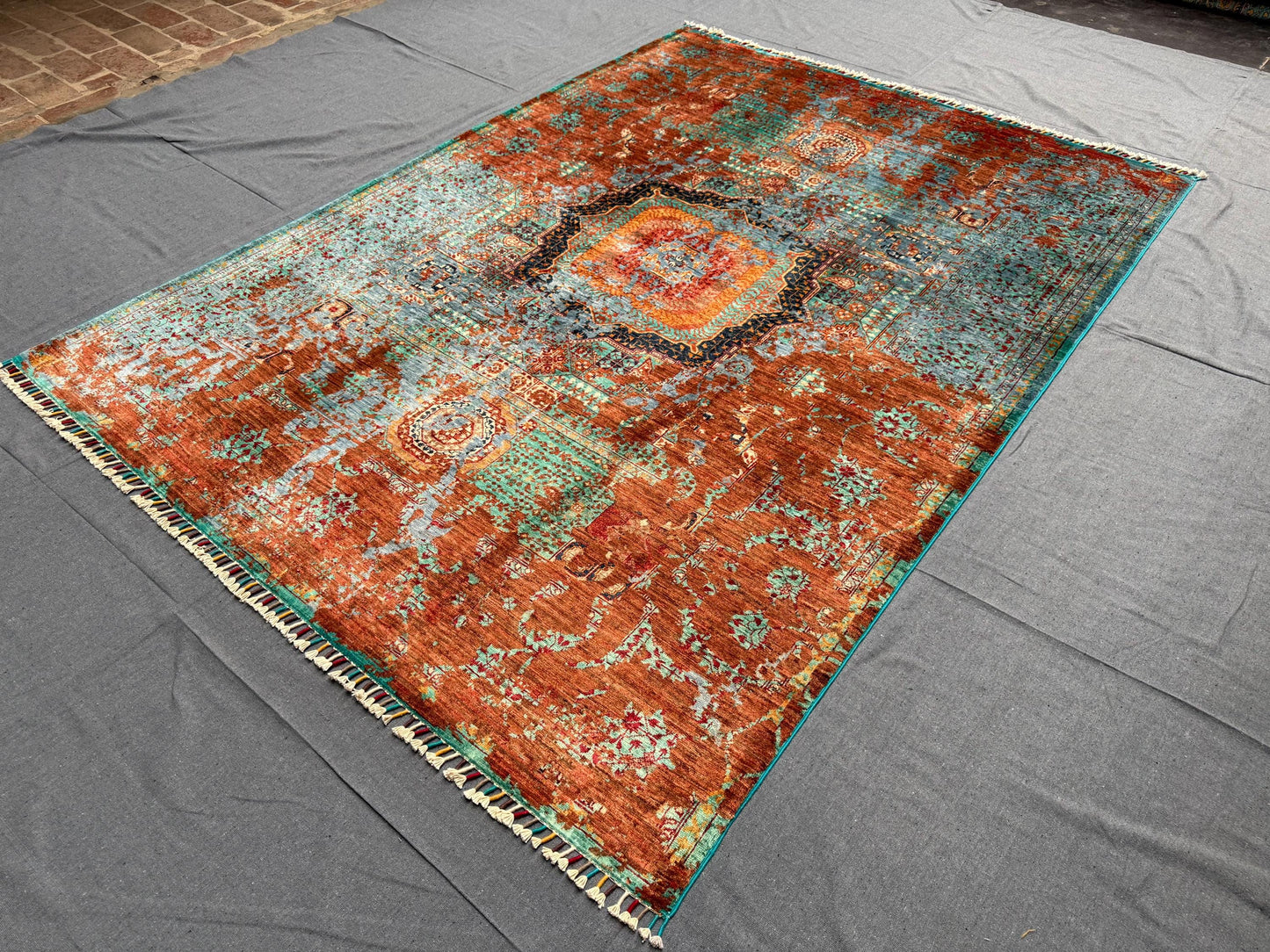 Handmade Wool and Silk Mamluk Rug,Colorful Multicolor Blue Orange Red Gray Rug– Handmade Mamluk Design Oriental Carpet,5x8 Living room rug.