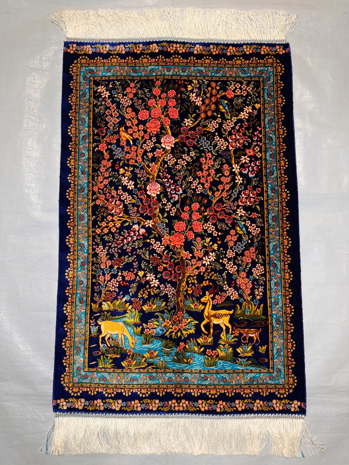 Silk Wall Hanging Rug|2x3 Deer and Floral Tree Tapestry|Persian Style Art,Luxury Silk Rug for Wall Decor|Blue Floral and Deer Statement Rug.