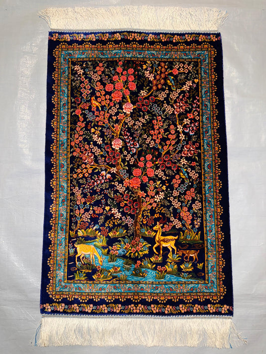 Silk Wall Hanging Rug|2x3 Deer and Floral Tree Tapestry|Persian Style Art,Luxury Silk Rug for Wall Decor|Blue Floral and Deer Statement Rug.