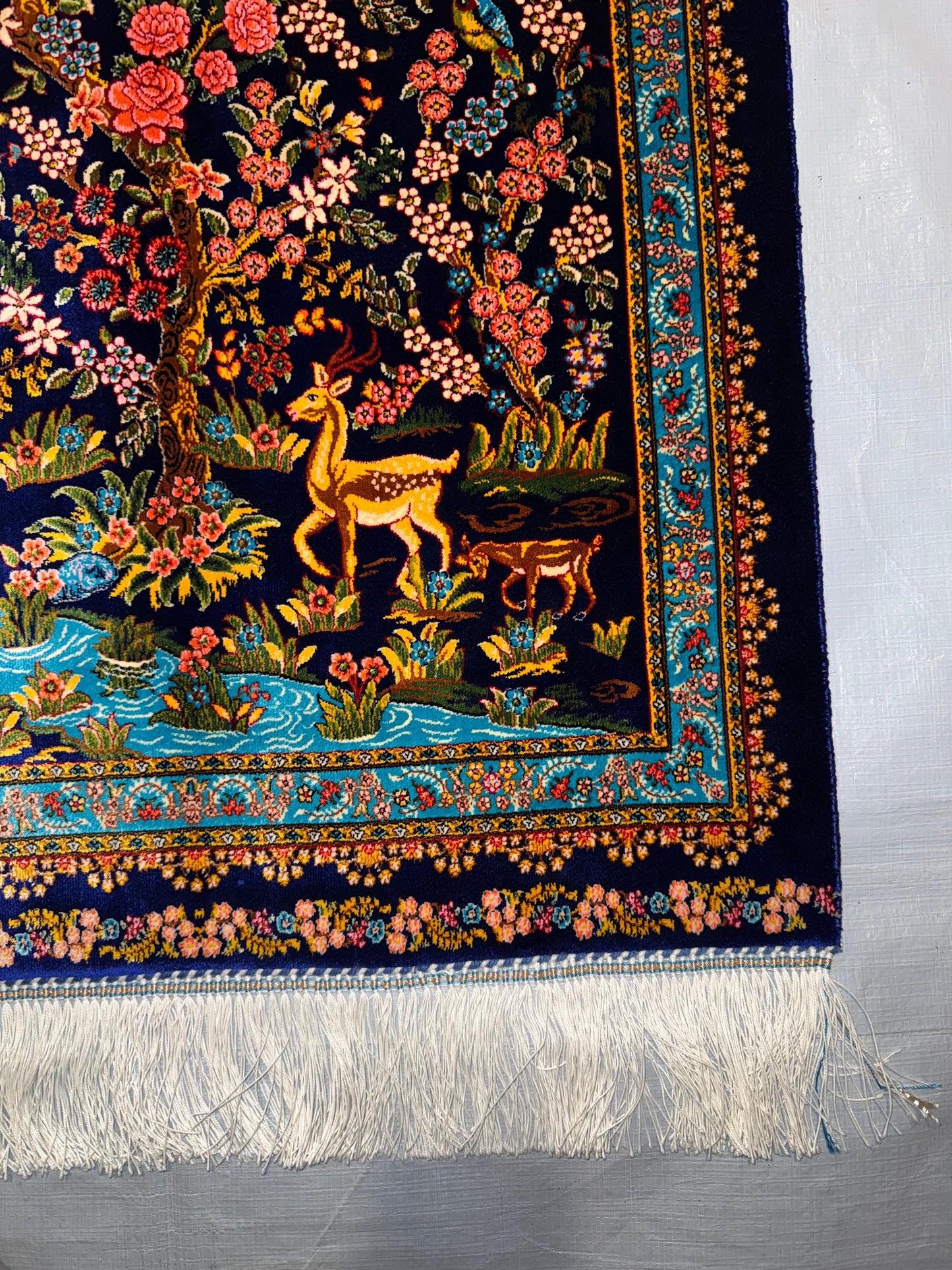 Silk Wall Hanging Rug|2x3 Deer and Floral Tree Tapestry|Persian Style Art,Luxury Silk Rug for Wall Decor|Blue Floral and Deer Statement Rug.