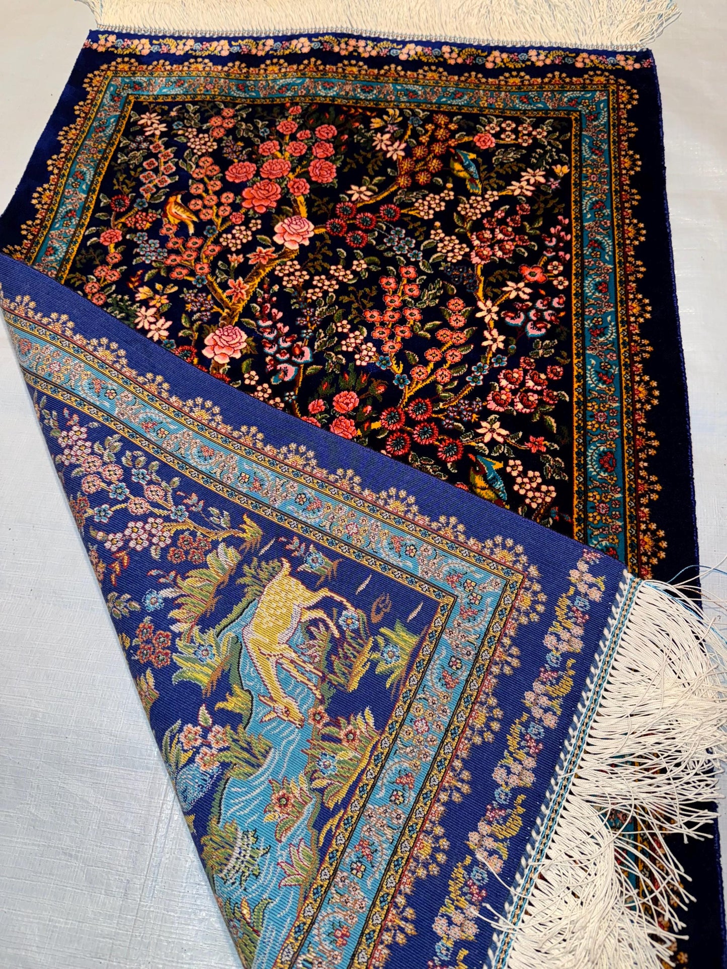 Silk Wall Hanging Rug|2x3 Deer and Floral Tree Tapestry|Persian Style Art,Luxury Silk Rug for Wall Decor|Blue Floral and Deer Statement Rug.