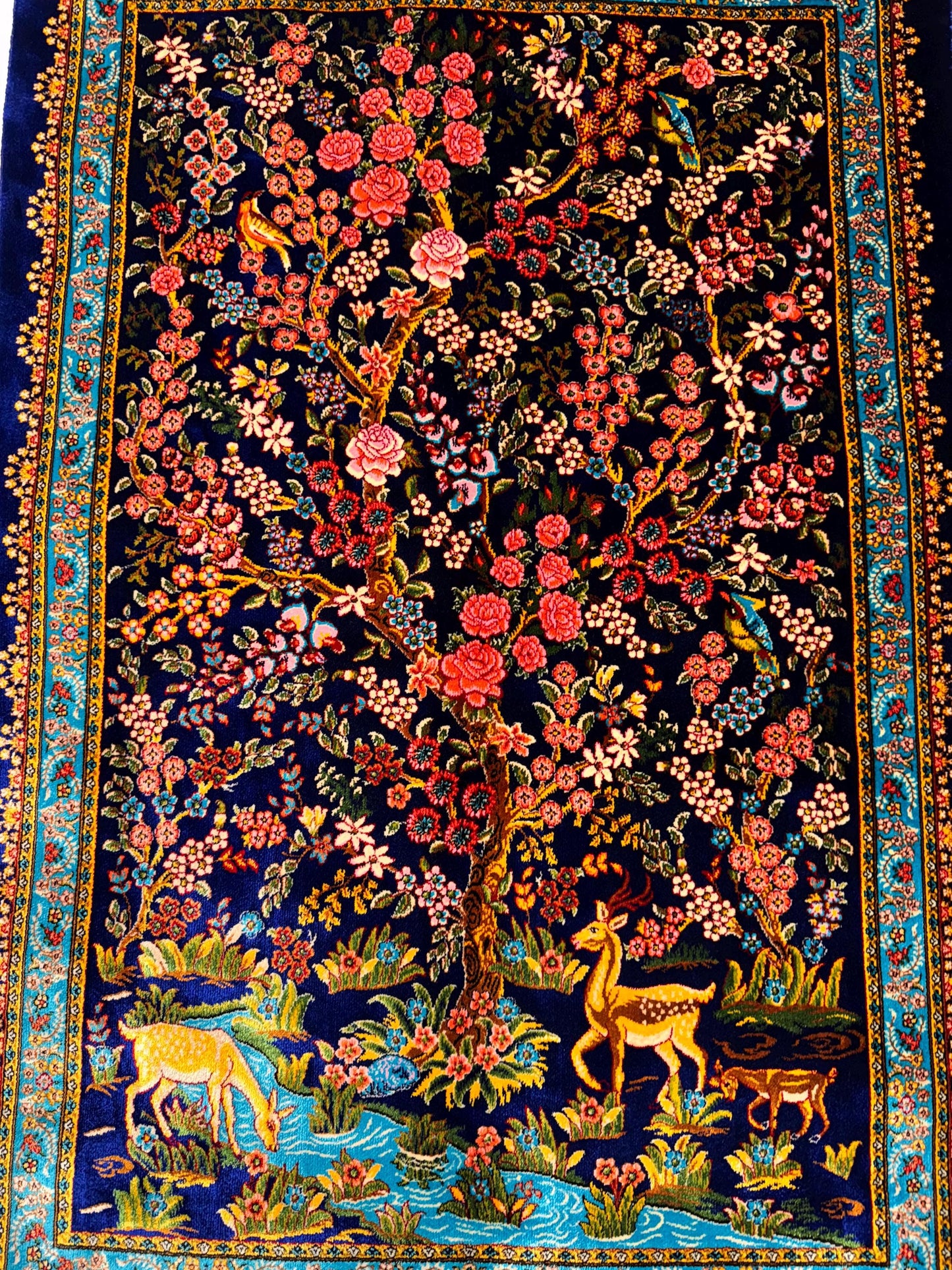 Silk Wall Hanging Rug|2x3 Deer and Floral Tree Tapestry|Persian Style Art,Luxury Silk Rug for Wall Decor|Blue Floral and Deer Statement Rug.