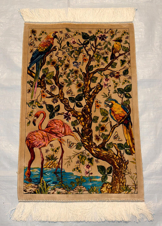 Silk Wall Hanging Rug|Parrot & Flamingo Nature Tapestry | Handmade Small Persian Decor,Vintage Birds N Tree Art Rug,Small Decorative Hanging